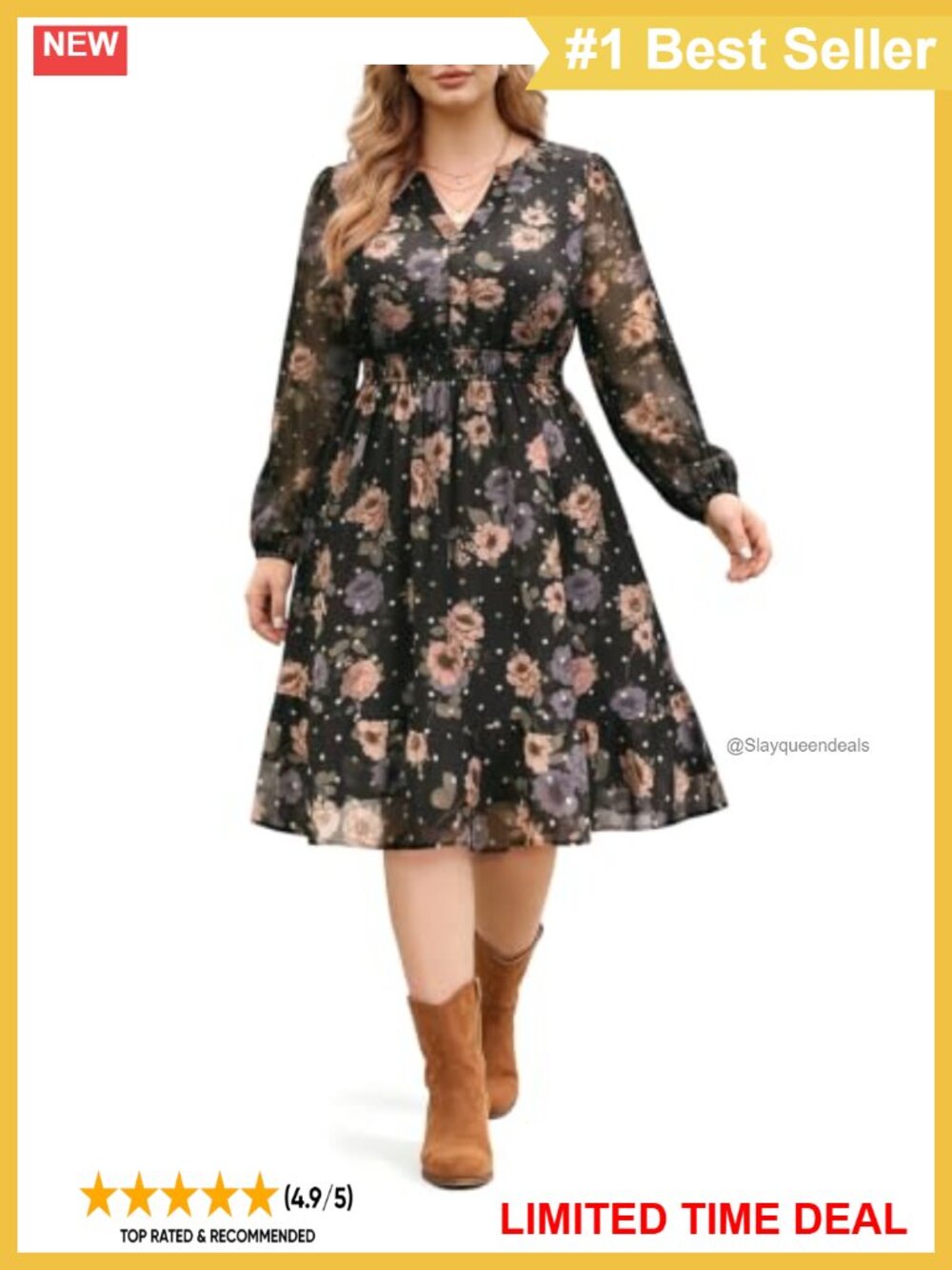 Plus Size Chiffon Long Sleeve V-Neck Floral Mini Dress Ruffle Tiered